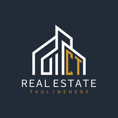 initial monogram logo for real estate with building shape creative design	
