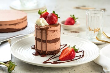 Three chocolate layered mousse cake with sauce and strawberry