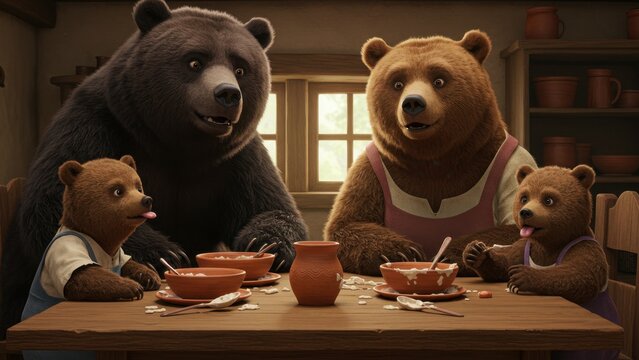 The Three Bears are at their table, porridge bowls in front, fairy tale scene.