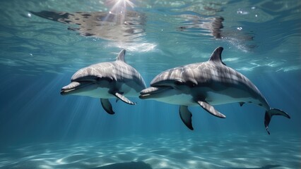 Obraz premium Two dolphins swimming in clear blue ocean water with sunlight streaming through the surface