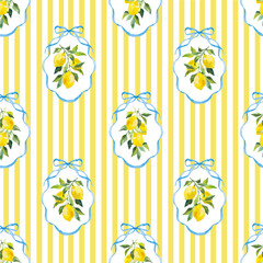 Beautiful vector seamless checkered pattern with bows and lemons. Composition with vintage bows and handmade ribbons. Blue ribbon on a yellow striped background.