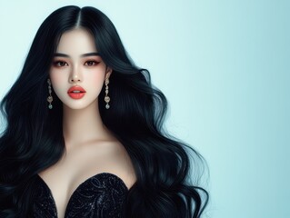 Fototapeta premium Striking portrait, woman with long black hair and bold red lipstick portrait