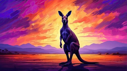 A kangaroo stands alert on a dusty red dirt path in a sunlit, arid landscape.