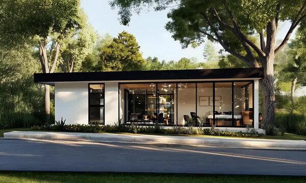 Modern house with sleek architecture, wood accents, and large glass windows. Contemporary home design set against a peaceful forest backdrop.