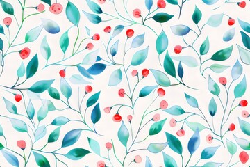 Seamless Floral Pattern with Watercolor Leaves and Berries on White Background Decorative Elegant Textile Design