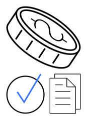Coin with dollar sign, blue checkmark, and documents symbolizing financial approval, success, or budgeting. Ideal for finance, bookkeeping, validation, approval business operations project