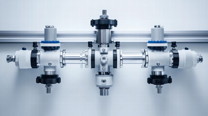 Industrial Valve System: Close-up view of a sophisticated industrial valve system, showcasing precision engineering and intricate design details. The system features multiple valves, pipes.