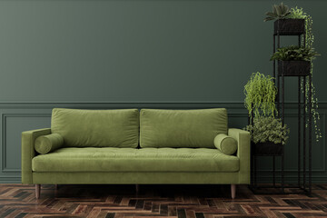Contemporary interior showcasing a plush green sofa that offers comfort and style. A tall plant stand filled with greenery enhances the ambiance of the room. Empty wall for picture display. 3D render.