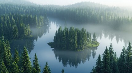 Fototapeta premium Misty Forest Lake Island Reflection