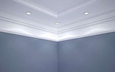 The ceiling is white with cornice and spotlights, the walls are blue. 3D Render. © psycoma