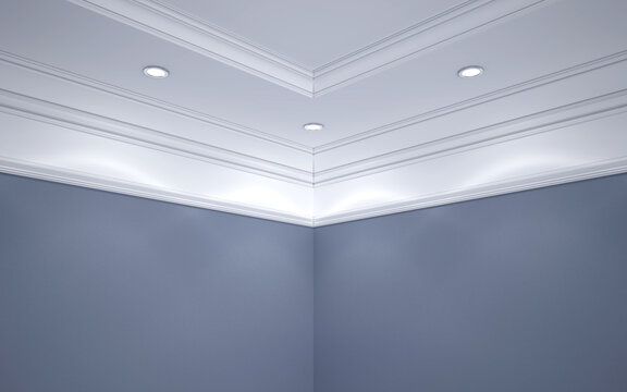 The ceiling is white with cornice and spotlights, the walls are blue. 3D Render.