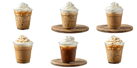 Coffee Beverages: A visually appealing set of iced coffee drinks, each topped with a generous swirl of whipped cream, offers a refreshing and indulgent treat.