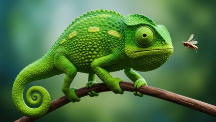 Obraz premium A vibrant green chameleon perched on a branch, eyeing a small insect.
