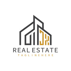 initial monogram logo for real estate with building shape creative design	
