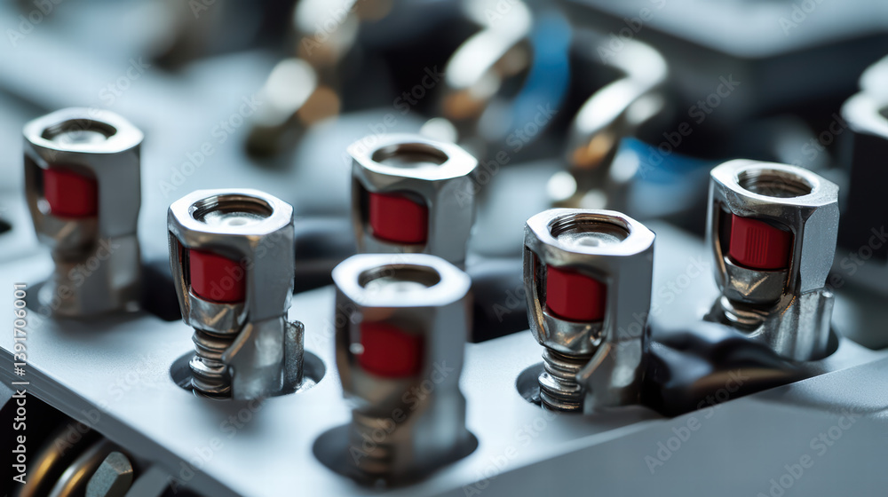 Poster precision connection: a close-up showcases metallic connectors in a high-tech arrangement, signifyin