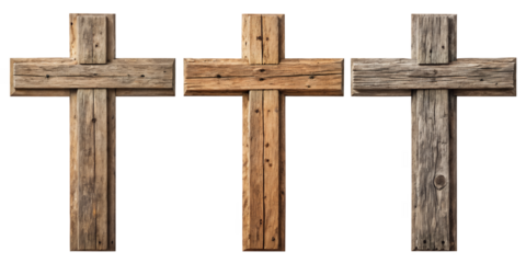 Wooden Crosses: A set of three handcrafted wooden crosses, symbolizing faith, spirituality, and the Christian religion. Each cross exhibits a unique texture and rustic charm.