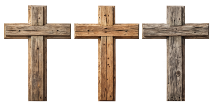 Wooden Crosses: A set of three handcrafted wooden crosses, symbolizing faith, spirituality, and the Christian religion. Each cross exhibits a unique texture and rustic charm.