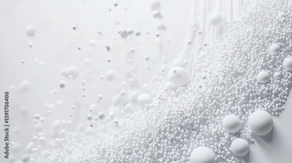 Poster spherical harmony: an abstract composition showcases an avalanche of white spheres cascading across 