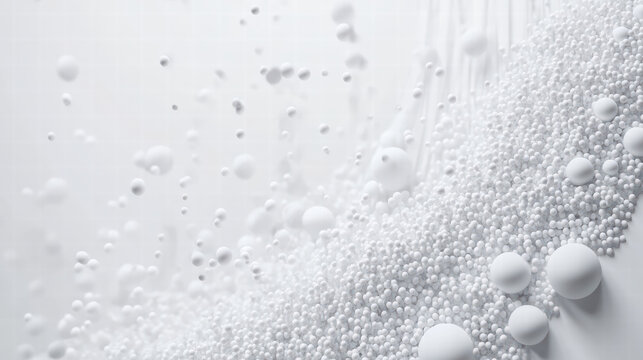 Spherical Harmony: An abstract composition showcases an avalanche of white spheres cascading across a bright space, symbolizing purity and fluidity.