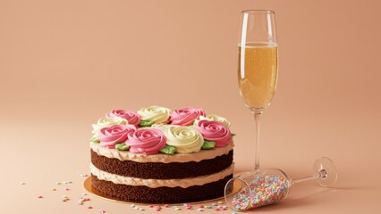 Celebratory scene featuring a layer cake, champagne, sprinkles and pink roses.