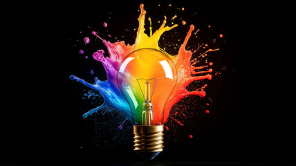 vibrant light bulb surrounded by colorful splashes of paint, symbolizing creativity and innovation. dynamic colors evoke sense of energy and inspiration