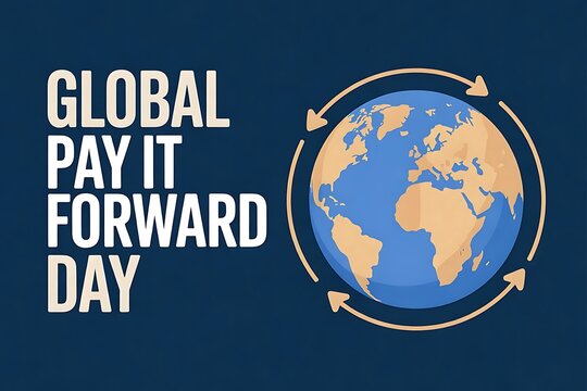 Celebrating Global Pay It Forward Day: A world united in kindness, shown with a stylized earth graphic and circular arrows symbolizing continuous giving.