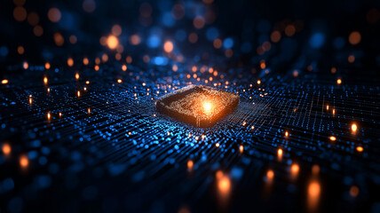 Digital security background featuring glowing padlock on circuit board, symbolizing protection and technology. vibrant lights create sense of innovation and safety
