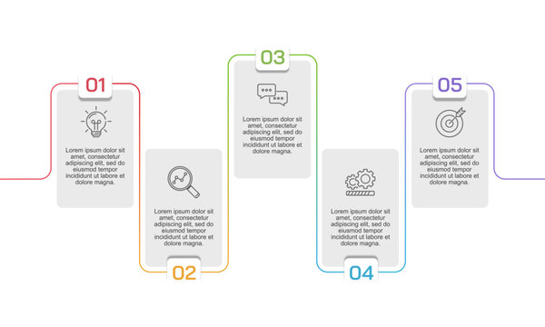Continuous line with element infographic 5 steps. Presentation, Banner, Plan and Strategy. Vector illustration.