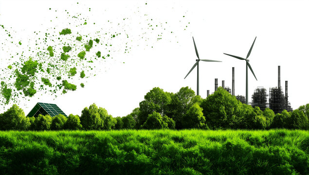 Sustainable building design with wind turbines and green landscape. This abstract illustration showcases eco friendly architecture and renewable energy sources, promoting greener future - Powered by Adobe