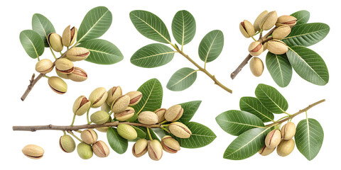 Pistachio Branch Display: A detailed, high-angle view showcases multiple pistachio branches laden with fresh, green nuts and vibrant leaves, offering a visually appealing arrangement