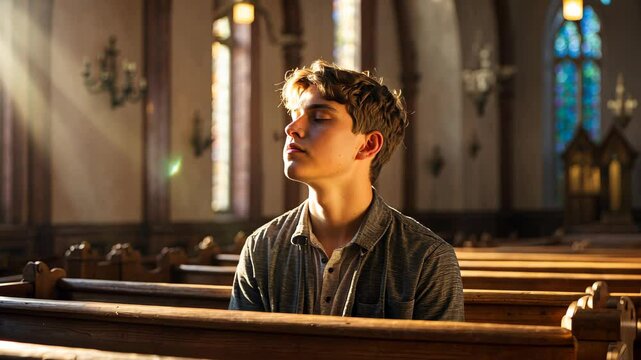 Christian catholic young man pray to god in church. Religion belief faith worship
