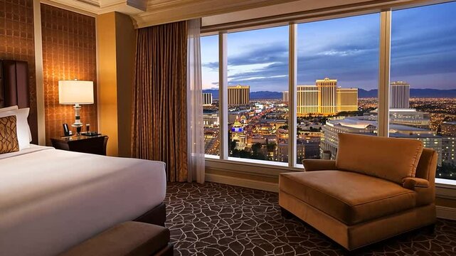 Luxurious Las Vegas Hotel Suite with Stunning City Views at Twilight Hour