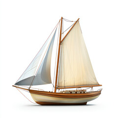Obraz premium A classic wooden sailboat with beige sails and detailed craftsmanship, isolated on white background