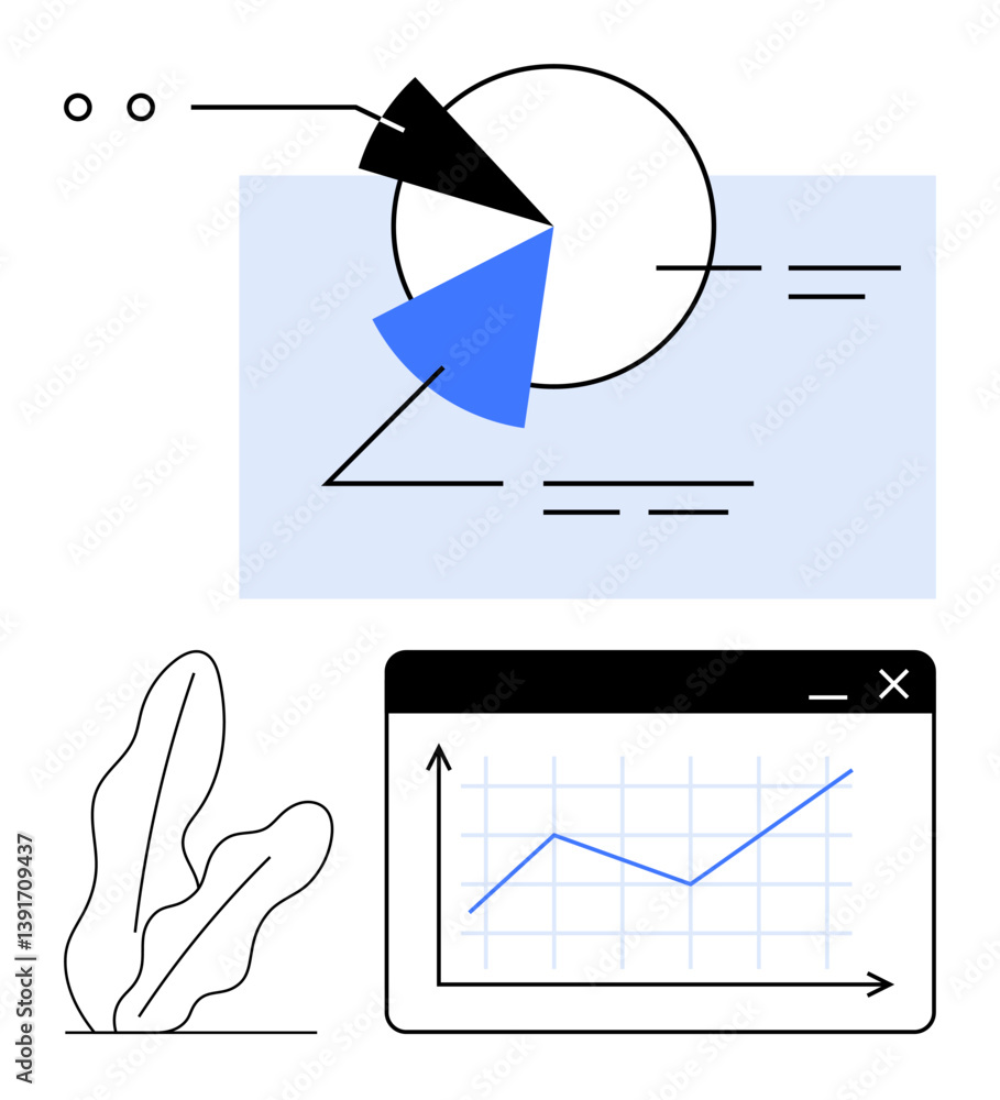 Poster abstract pie chart with labeled segments and a blue-highlighted area. line graph in a browser-thumbs