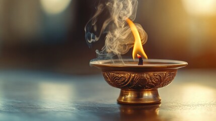 Soft-focus close-up of an incense burner with curling smoke, golden reflections adding mystery