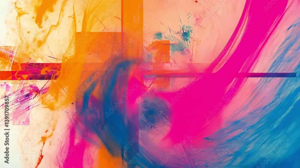 Poster dynamic abstract art: an abstract composition explodes with vivid hues of pink, blue, and yellow, bl