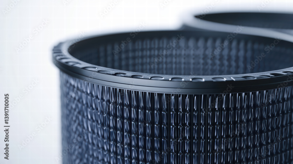 Poster close-up of hepa filter: detailed macro shot of a dark grey hepa filter, showcasing its intricate me