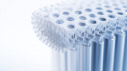Honeycomb-like structure: A detailed image displaying a close-up of a honeycomb-like structure, featuring rows of small cylindrical holes, perfect for scientific research or use as a graphic resource.