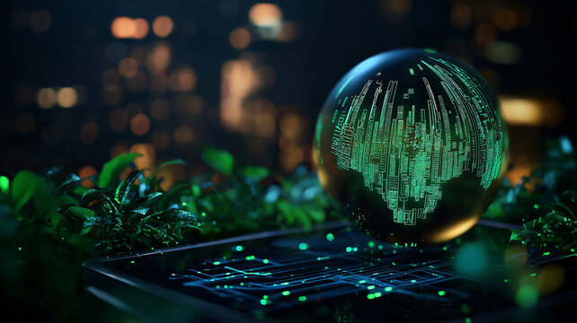 digital tablet displays holographic globe with cityscape, surrounded by lush greenery, symbolizing technology and nature harmony