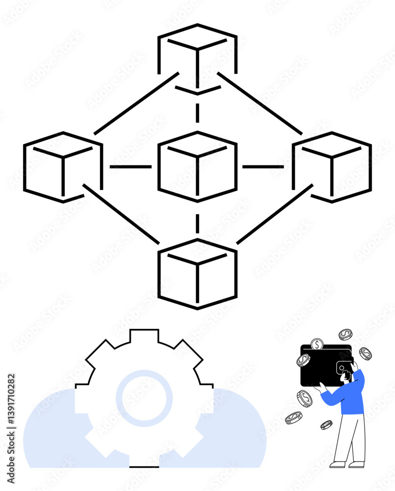 Poster interconnected cubes representing blockchain technology, gear symbolizing processes and systems, and