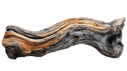 Detailed driftwood piece isolated on transparent background, high resolution natural element perfect for coastal artwork, organic design and rustic decor