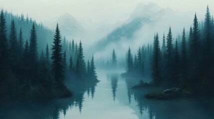 Fototapeta premium Misty Mountain Lake Forest