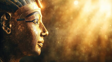 Softly illuminated golden statue of an Egyptian god, its shadow stretching into darkness