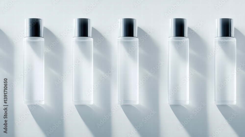 Poster elegant minimalism: clean composition of multiple bottles, subtly lit to emphasize their refined lin
