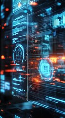 Obraz premium AI system creating predictive models on neonlit touchscreen