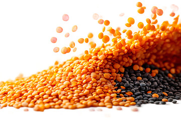 Natural dried lentils suspended in mid-air on transparent background, high resolution food ingredient ideal for health food marketing and recipe photography