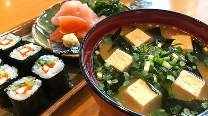 A bowl of soup with tofu and green onions sits next to a plate of sushi