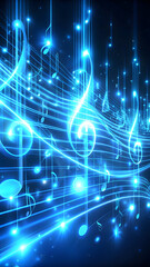 Fototapeta premium Ethereal Neon Blue Music Notes Flowing on a Digital Soundwave Background – Fantasy Art
