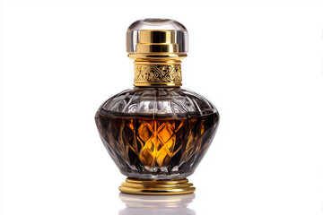 Elegant glass perfume bottle with gold accents displayed against a white background