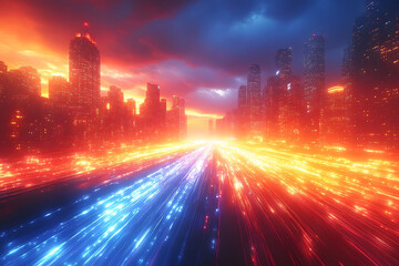 Fototapeta premium Futuristic Cityscape with Vibrant Light Trails at Sunset for Digital Art and Tech Design